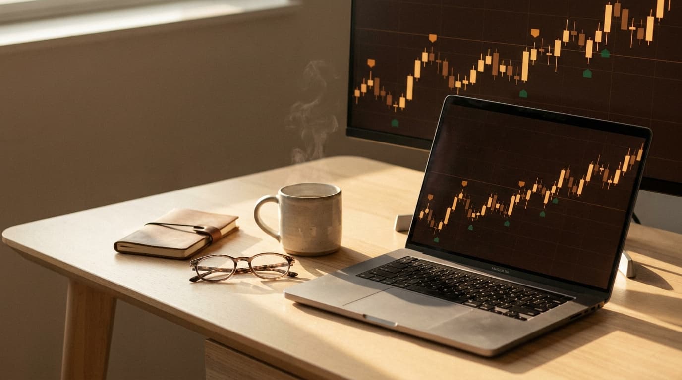 Warmes Handelspult im Morgenlicht mit steigendem Candlestick-Chart